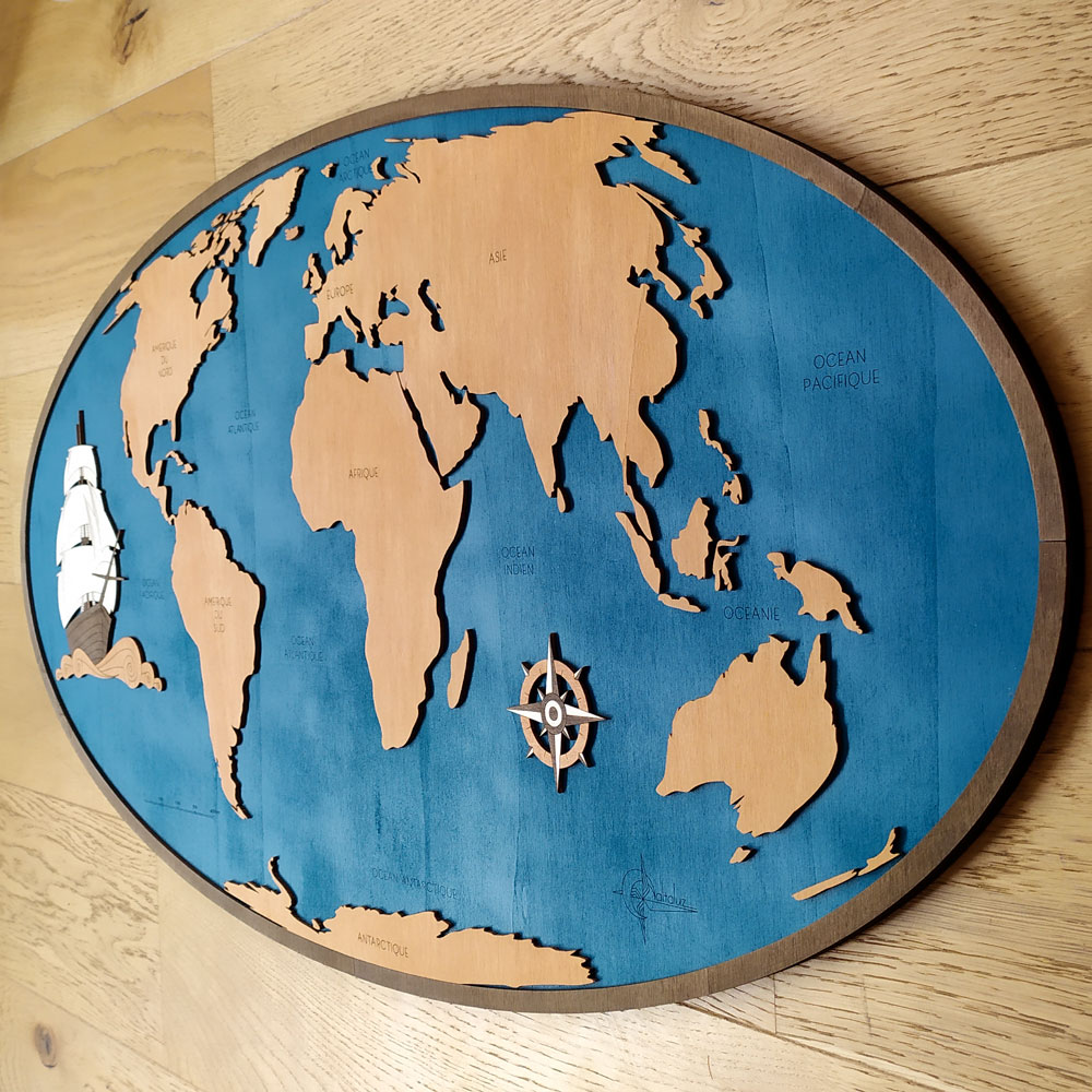 Grande carte du monde en bois, fabrication artisanale à Toulouse, Altaluz