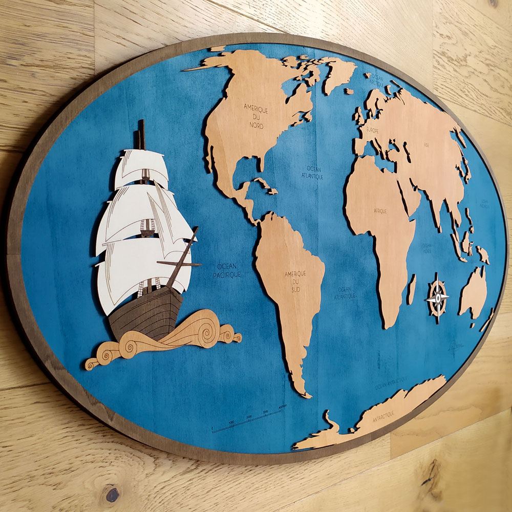Grande carte du monde en bois, fabrication artisanale à Toulouse