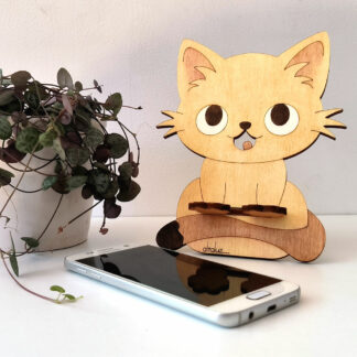 support téléphone en bois chaton