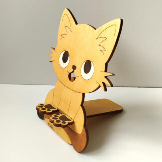 Support téléphone en bois en forme de chat